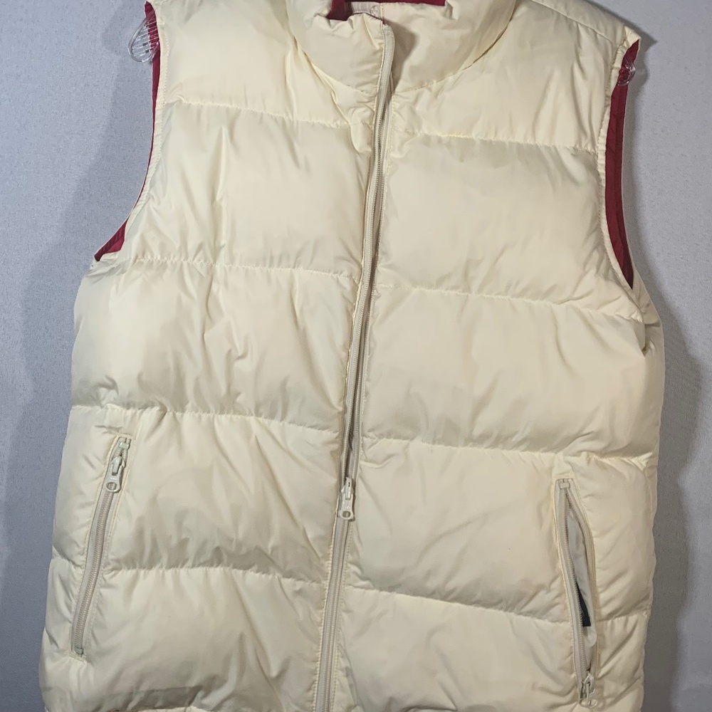 Lands' End Cream Puffer Vest with Red Trim